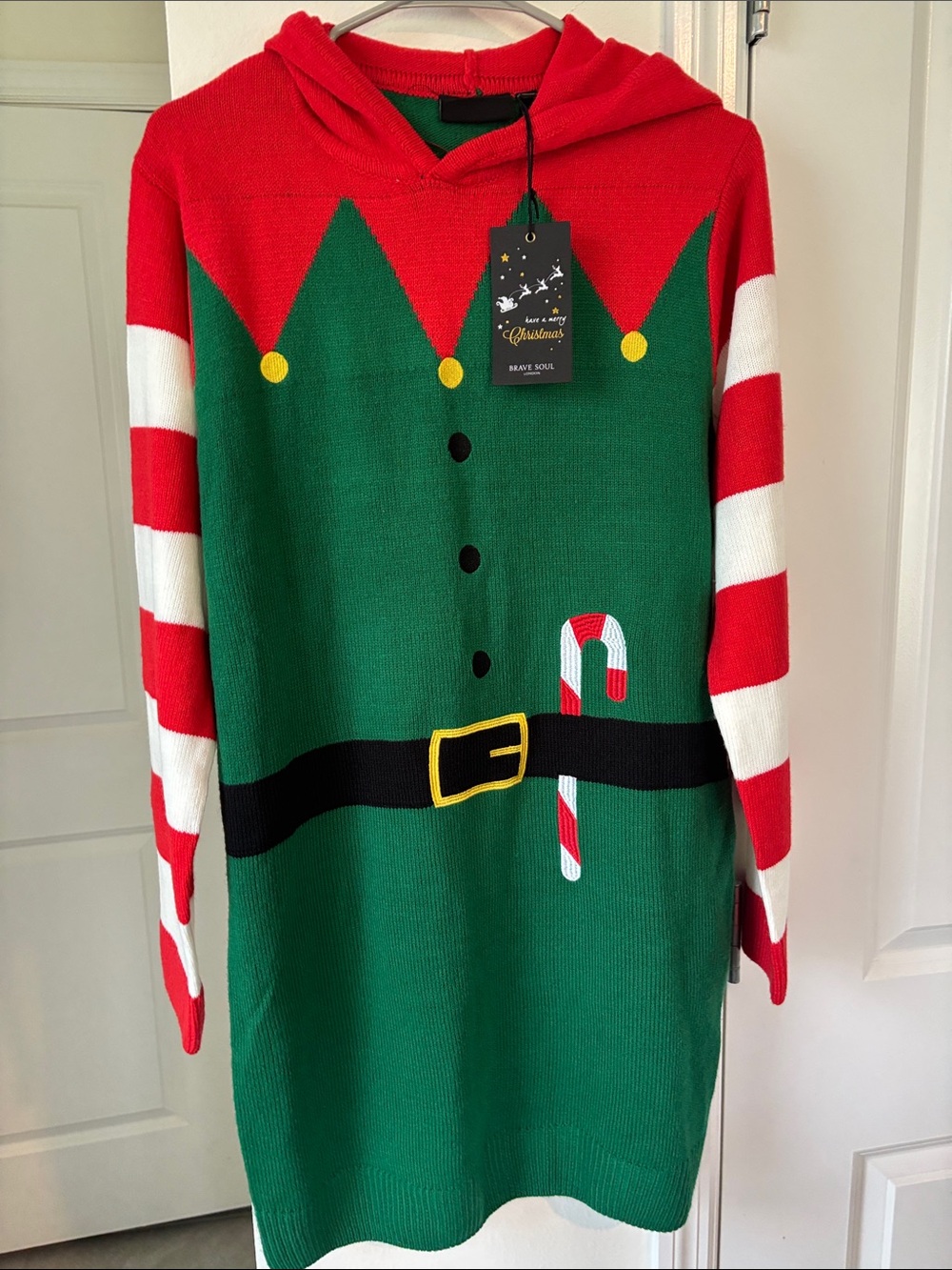 Brave Soul Women's Elf Hooded Sweater Dress - Red & Green